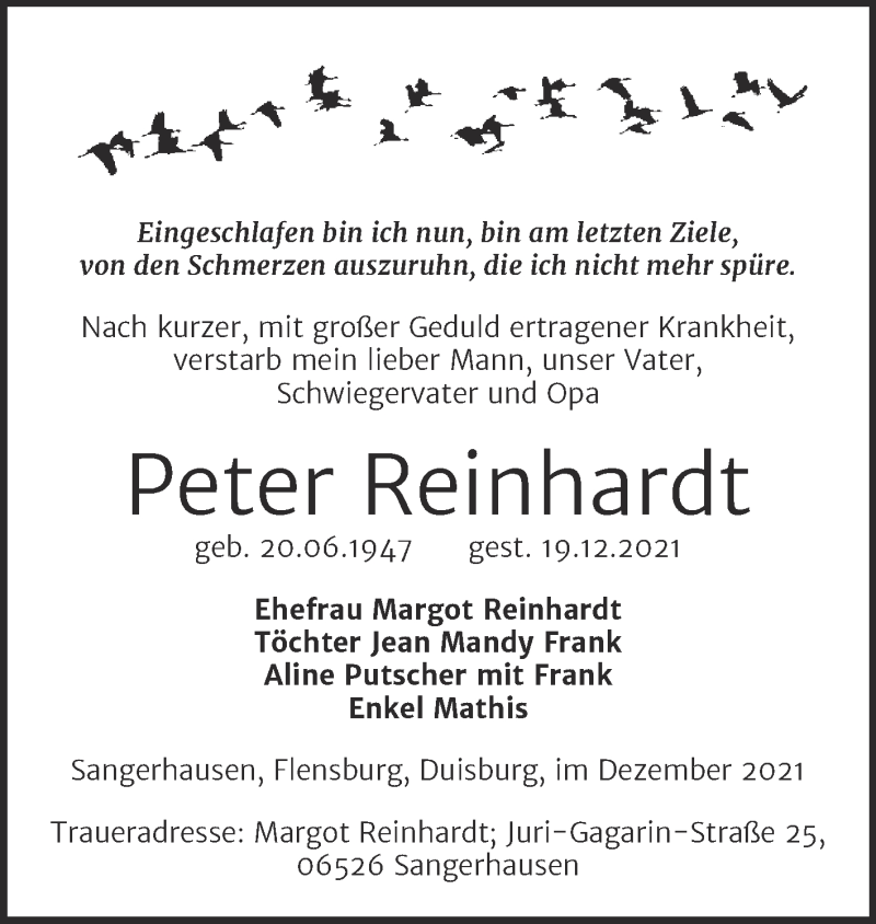  Traueranzeige für Peter Reinhardt vom 23.12.2021 aus Trauerkombi Sangerhausen