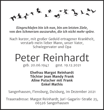 Traueranzeige von Peter Reinhardt von Trauerkombi Sangerhausen