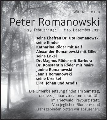 Traueranzeige von Peter Romanowski von Mitteldeutsche Zeitung Halle/Saalkreis
