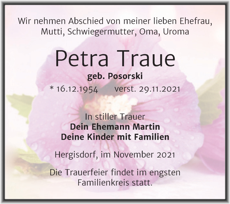  Traueranzeige für Petra Traue vom 04.12.2021 aus Trauerkombi Mansfelder Land
