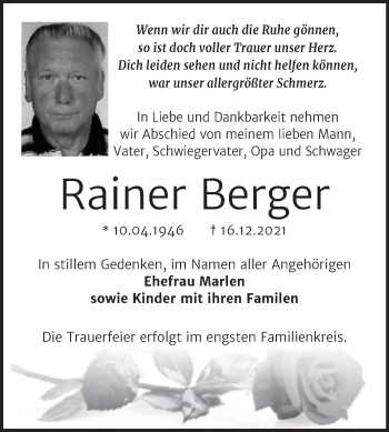 Traueranzeige von Rainer Berger von Trauerkombi Bernburg