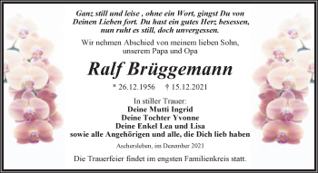 Traueranzeige von Ralf Brüggemann von Trauerkombi Aschersleben