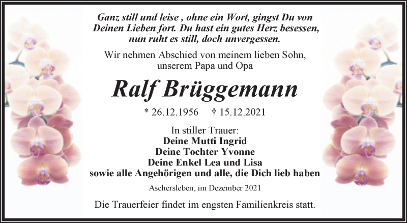 Traueranzeige für Ralf Brüggemann vom 24.12.2021 aus Trauerkombi Aschersleben