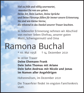 Traueranzeige von Ramona Buchal von Trauerkombi Weißenfels
