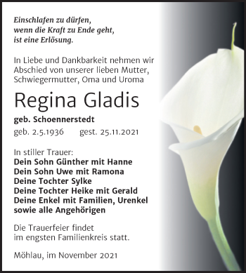 Traueranzeige von Regina Gladis von Trauerkombi Wittenberg