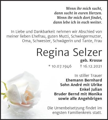Traueranzeige von Regina Selzer von Trauerkombi Zeitz