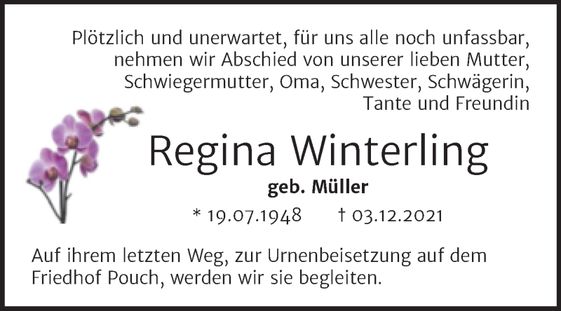  Traueranzeige für Regina Winterling vom 22.12.2021 aus Trauerkombi Bitterfeld