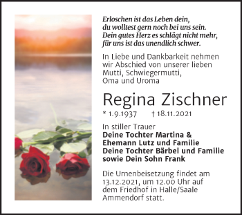 Traueranzeige von Regina Zischner von Trauerkombi Bitterfeld