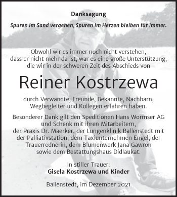 Traueranzeige von Reiner Kostrzewa von Trauerkombi Quedlinburg