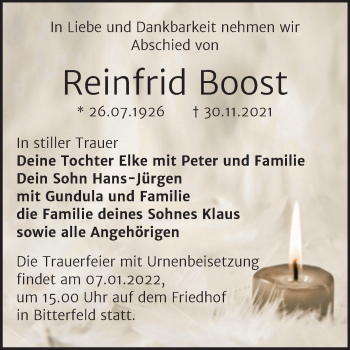 Traueranzeige von Reinfrid Boost von Trauerkombi Bitterfeld