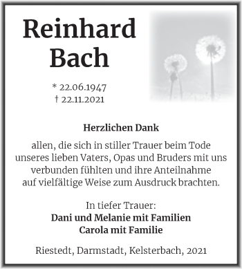 Traueranzeige von Reinhard Bach von Trauerkombi Sangerhausen