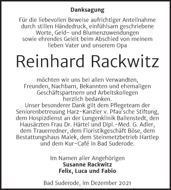 Traueranzeige von Reinhard Rackwitz von Trauerkombi Quedlinburg