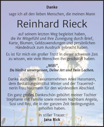 Traueranzeige von Reinhard Rieck von Trauerkombi Bitterfeld