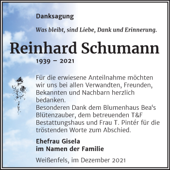 Traueranzeige von Reinhard Schumann von Trauerkombi Weißenfels