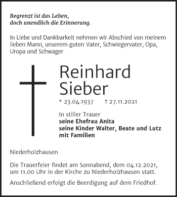 Traueranzeige von Reinhard Sieber von Naumburger Tageblatt