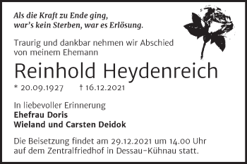 Traueranzeige von Reinhold Heydenreich von Mitteldeutsche Zeitung Dessau-Roßlau