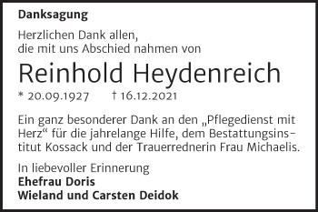 Traueranzeige von Reinhold Heydenreich von Trauerkombi Dessau