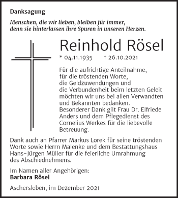 Traueranzeige von Reinhold Rösel von Trauerkombi Aschersleben
