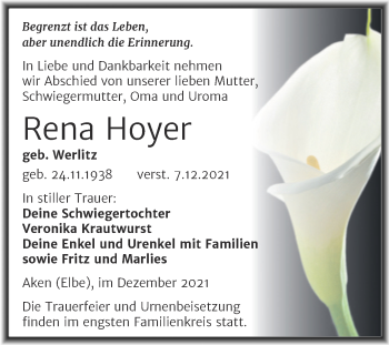Traueranzeige von Rena Hoyer von Trauerkombi Köthen