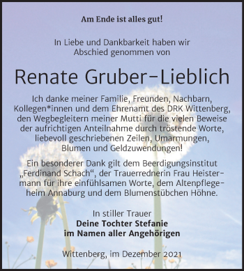 Traueranzeige von Renate Gruber-Lieblich von Trauerkombi Wittenberg