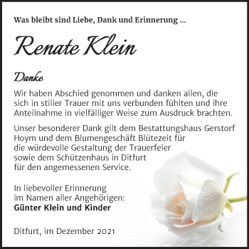 Traueranzeige von Renate Klein von Trauerkombi Quedlinburg
