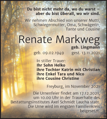 Traueranzeige von Renate Markweg von Wochenspiegel Naumburg/Nebra