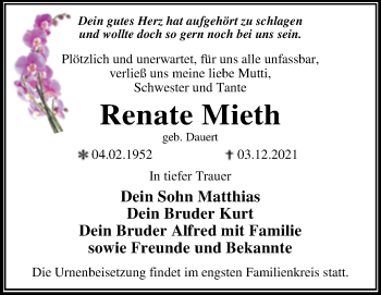 Traueranzeige von Renate Mieth von Trauerkombi Wittenberg