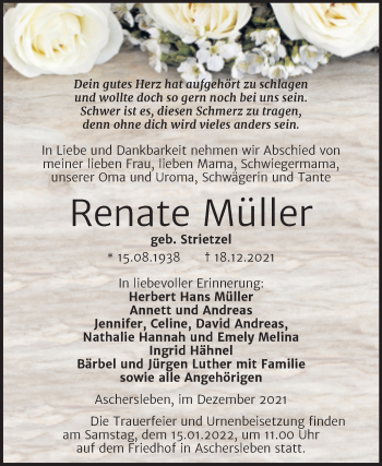 Traueranzeige von Renate Müller von Trauerkombi Aschersleben