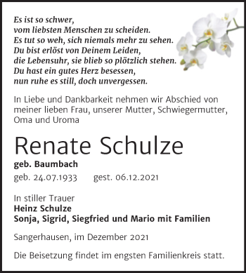 Traueranzeige von Renate Schulze von Trauerkombi Sangerhausen
