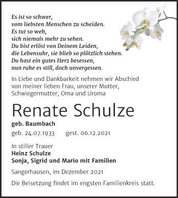 Traueranzeige von Renate Schulze von Trauerkombi Sangerhausen