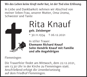 Traueranzeige von Rita Knauf von Naumburger Tageblatt