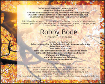 Traueranzeige von Robby Bode von Trauerkombi Zeitz