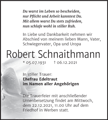 Traueranzeige von Robert Schnaithmann von Trauerkombi Bitterfeld