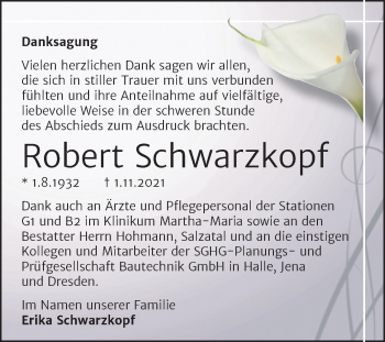 Traueranzeige von Robert Schwarzkopf von Mitteldeutsche Zeitung Halle/Saalkreis