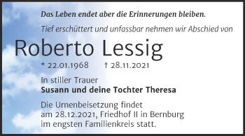 Traueranzeige von Roberto Lessig von Trauerkombi Bernburg