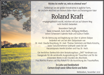 Traueranzeige von Roland Kraft von Trauerkombi Mansfelder Land