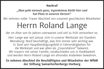 Traueranzeige von Roland Lange von Super Sonntag Merseburg/Querfurt