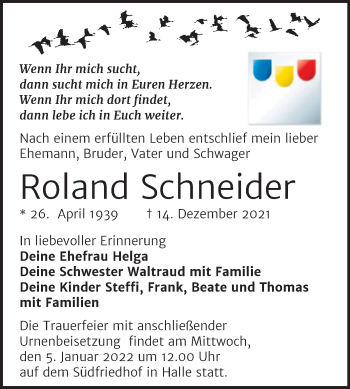 Traueranzeige von Roland Schneider von Mitteldeutsche Zeitung Halle/Saalkreis