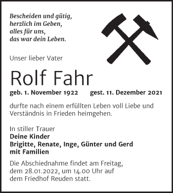 Traueranzeige von Rolf Fahr von Trauerkombi Zeitz