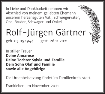 Traueranzeige von Rolf-Jürgen Gärtner von Trauerkombi Merseburg