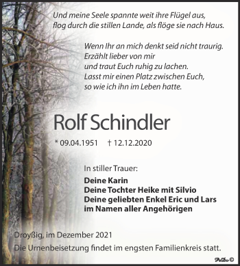 Traueranzeige von Rolf Schindler von Trauerkombi Zeitz