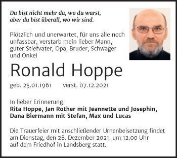 Traueranzeige von Ronald Hoppe von Mitteldeutsche Zeitung Halle/Saalkreis