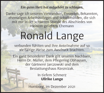 Traueranzeige von Ronald Lange von Trauerkombi Mansfelder Land