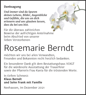Traueranzeige von Rosemarie Berndt von Trauerkombi Mansfelder Land