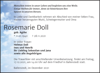 Traueranzeige von Rosemarie Doll von Super Sonntag Quedlingburg