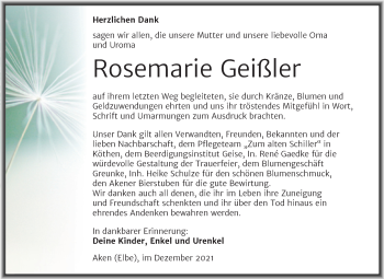 Traueranzeige von Rosemarie Geißler von Trauerkombi Köthen