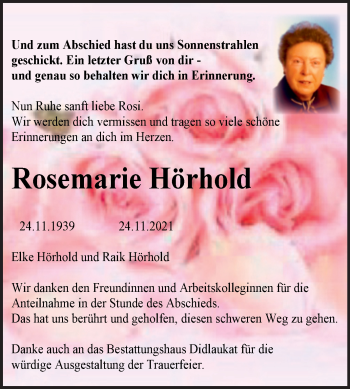 Traueranzeige von Rosemarie Hörhold von Trauerkombi Quedlinburg