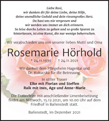 Traueranzeige von Rosemarie Hörhold von Trauerkombi Quedlinburg