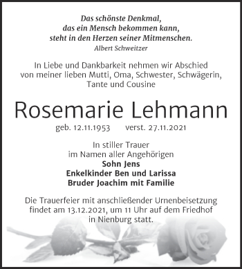 Traueranzeige von Rosemarie Lehmann von Trauerkombi Bernburg
