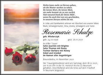 Traueranzeige von Rosemarie Schulze von Trauerkombi Merseburg